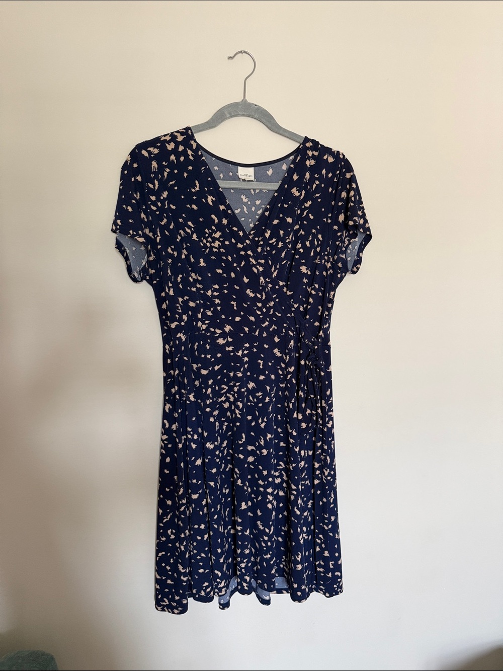 Kaileigh Navy Blue Wrap-Style Midi Dress with Cream Fleck Print